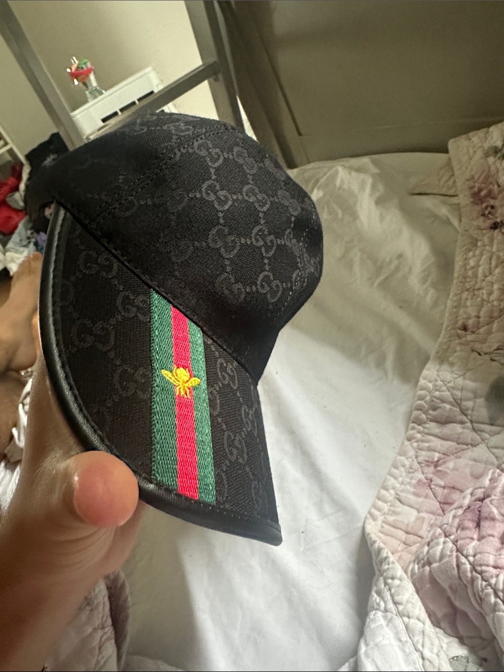 Gucci Black GG Canvas Cap with Green-Red Stripe and Gold Bee